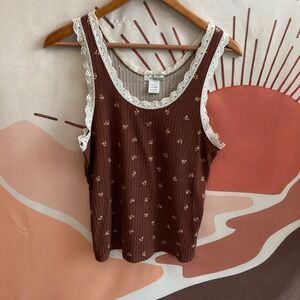 Milk & Roses Brown Lace-Trim Ribbed Tank Top